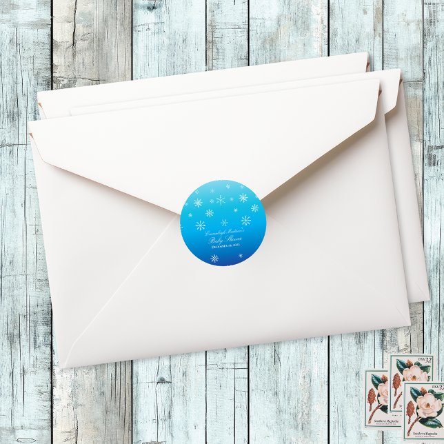 Blue Winter Wonderland Snowflake Baby Shower Favor Classic Round Sticker (Creator Uploaded)