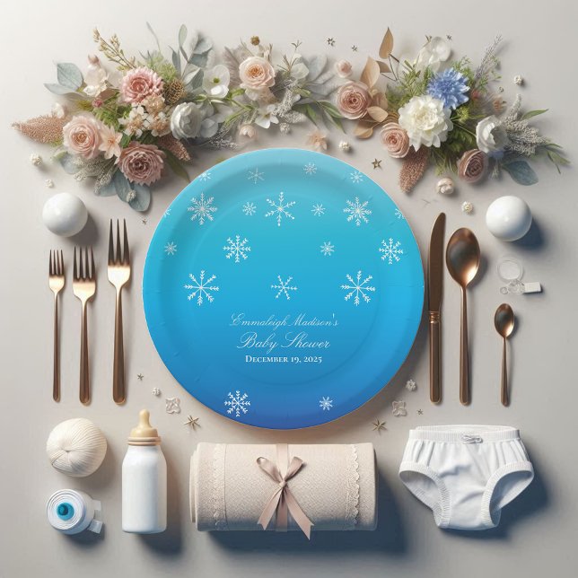 Blue Winter Wonderland Snowflake Baby Shower Paper Plates (Creator Uploaded)