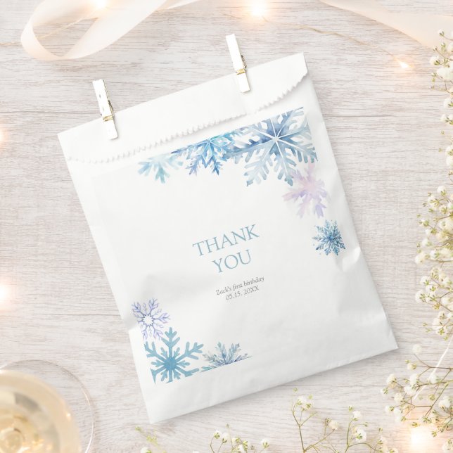 Blue Winter Wonderland Snowflake First Birthday Favor Bag (Clipped)
