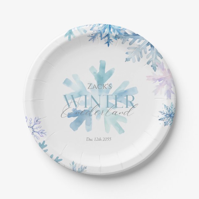 Blue Winter Wonderland Snowflake First Birthday  Paper Plates (Front)