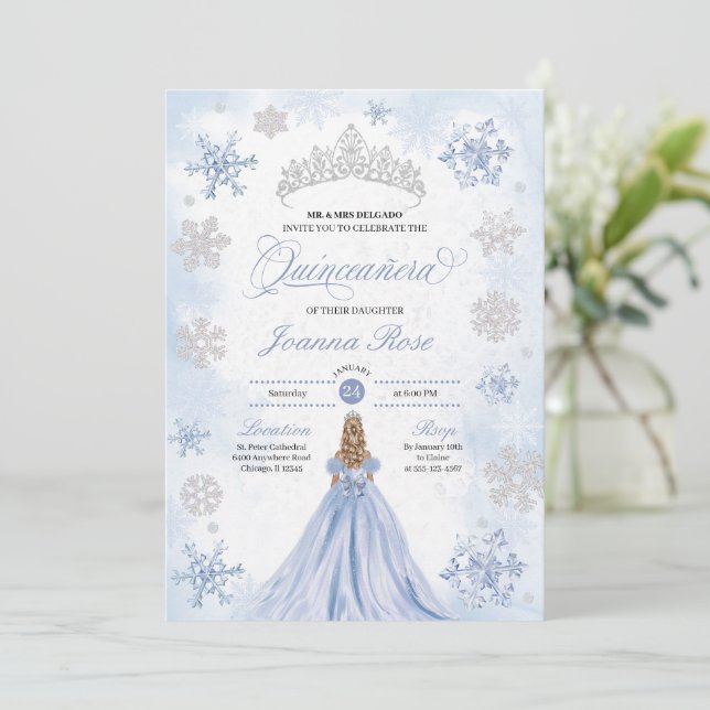 Blue Winter Wonderland Snowflake Quinceanera Invitation (Standing Front)