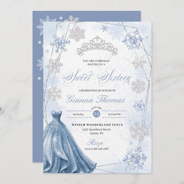 Blue Winter Wonderland Snowflake Sweet 16 Invitation (Front/Back)
