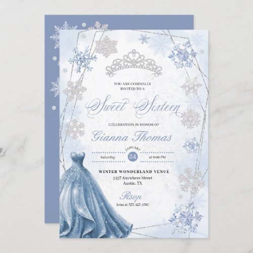 Blue Winter Wonderland Snowflake Sweet 16 Invitation