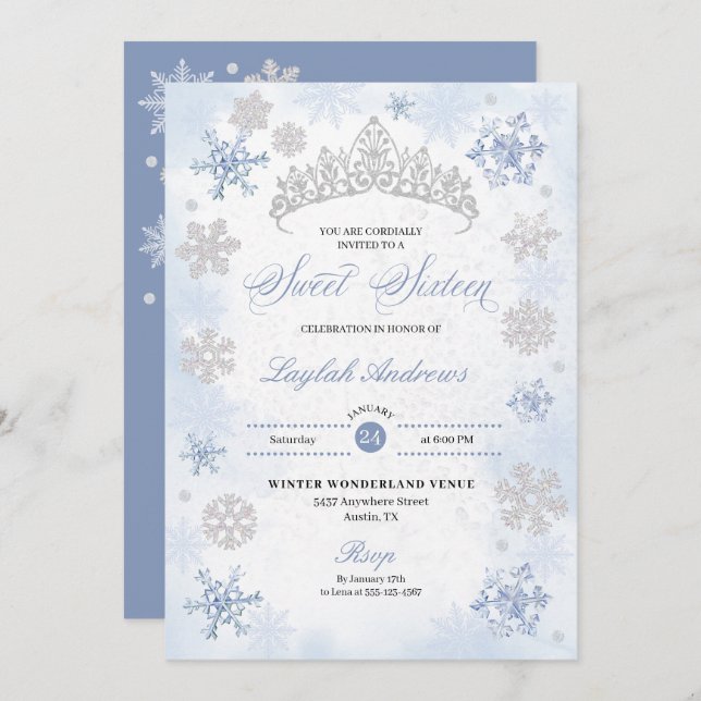 Blue Winter Wonderland Snowflake Sweet 16 Invitation (Front/Back)