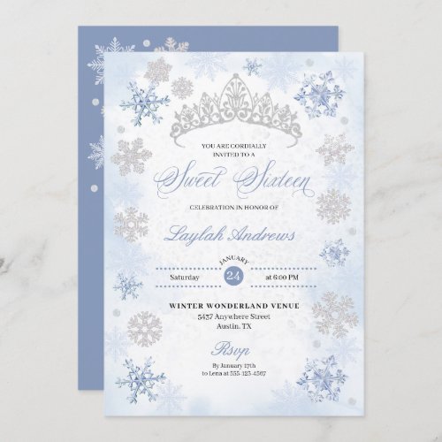 Blue Winter Wonderland Snowflake Sweet 16 Invitation