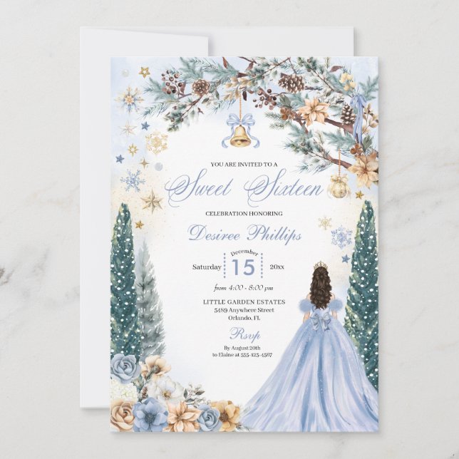 Blue Winter Wonderland Snowflake Sweet Sixteen Invitation (Front)
