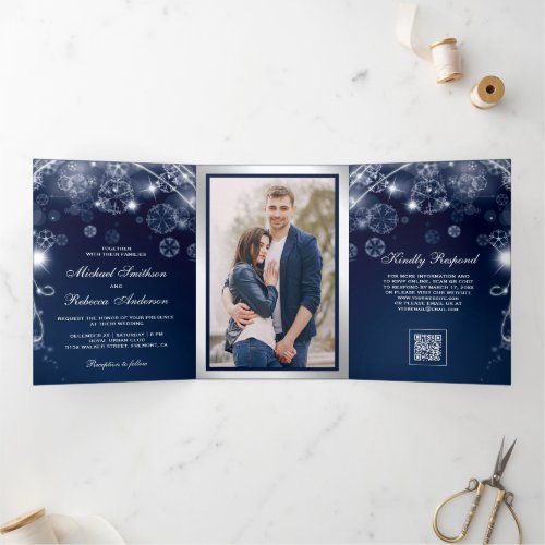 Blue Winter Wonderland Snowflakes QR Code Wedding Tri-Fold Invitation