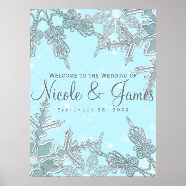 Blue Winter Wonderland Snowflakes Wedding Welcome Poster (Front)