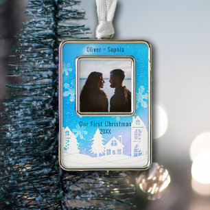 Blue Winter Wonderland Snowy Houses Photo Christmas Ornament