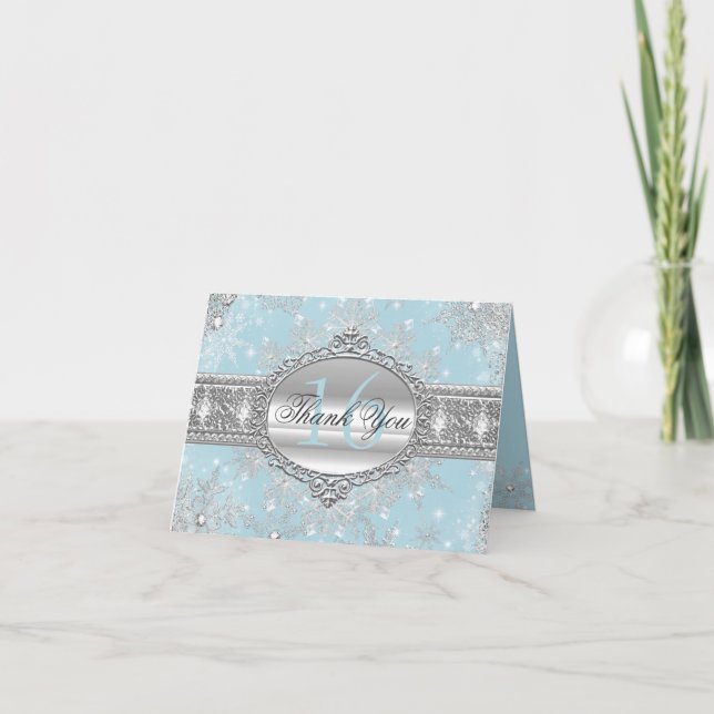 Blue Winter Wonderland Sweet 16 Thank You Card (Front)