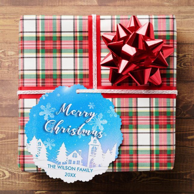 Blue Winter Wonderland White Snowy House Holiday Ornament Card (Insitu (Gift))