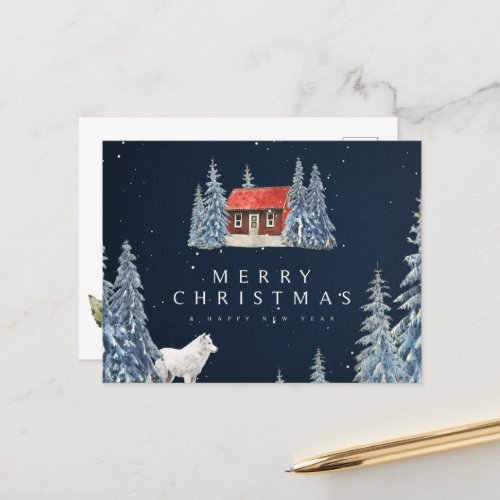 Blue Winter Wood Red House and Pine Trees Holiday Postcard
