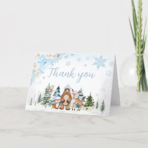 Blue Winter Woodland Animals Baby Shower Letterpress Thank You Card