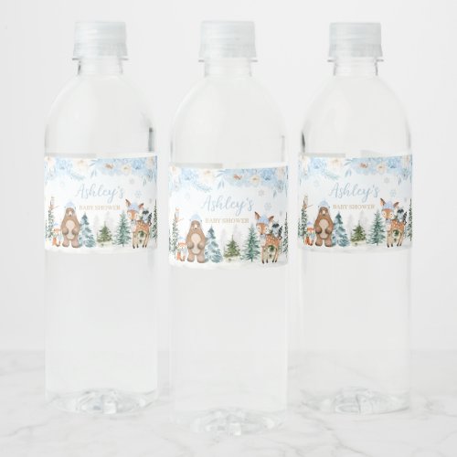 Blue Winter Woodland Animals Baby Shower Water Bottle Label