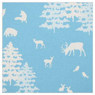 Blue Winter Woodland Animals Deer Fox Bear Fabric