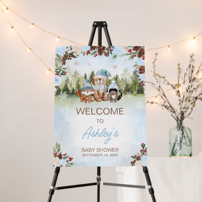 Blue Winter Woodland Baby Shower Welcome Sign (In Situ (Stand))