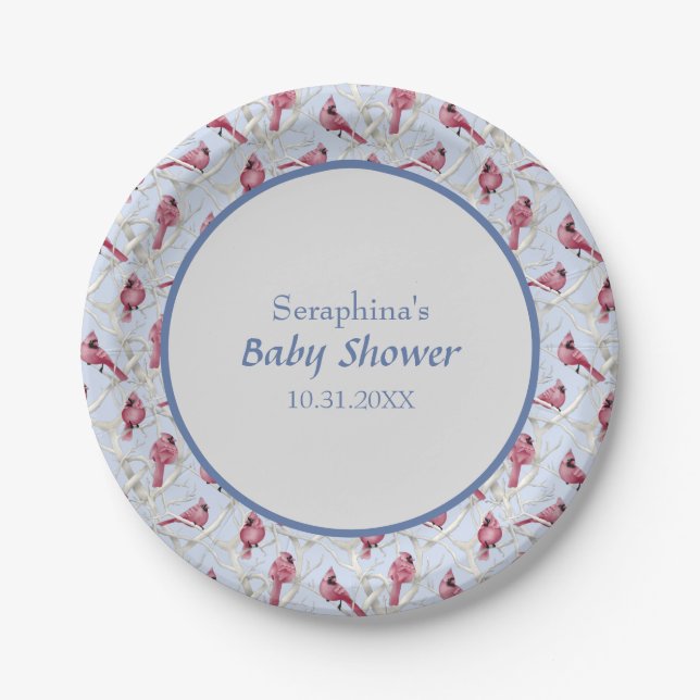Blue Winter Woodland Cardinal Birds Baby Shower Paper Plates (Front)