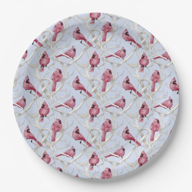 Blue Winter Woodland Christmas Cardinal Birds Paper Plates (Front)