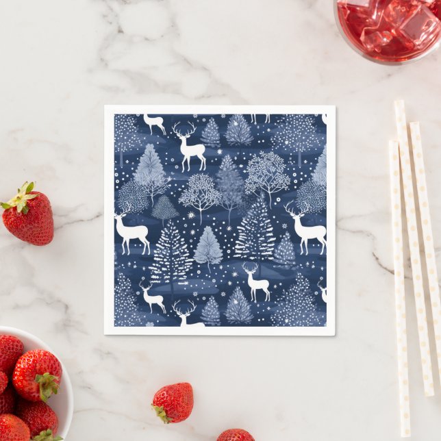 Blue Winter Woodland Christmas Reindeer Holiday Napkins (Insitu)