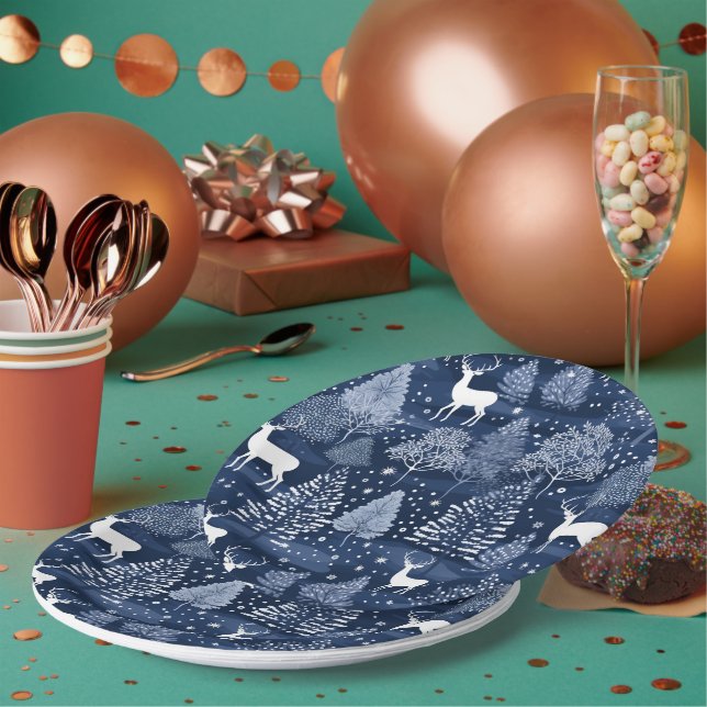 Blue Winter Woodland Christmas Reindeer Holiday Paper Plates (Multi)