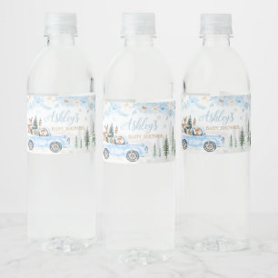 Blue Winter Woodland Truck Baby Shower Water Bottle Label