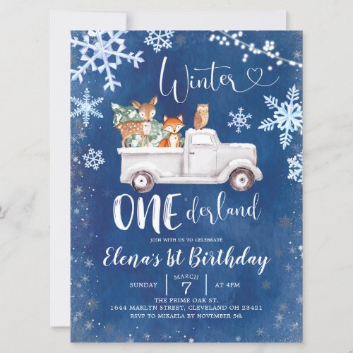 Blue Winter Woodland Truck First Birthday Invite