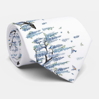 Blue Wisteria & Songbird Watercolor White Men's Neck Tie
