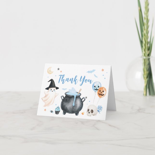 Blue Witch Ghost Little Boo Baby Shower Thank You Card (Front)