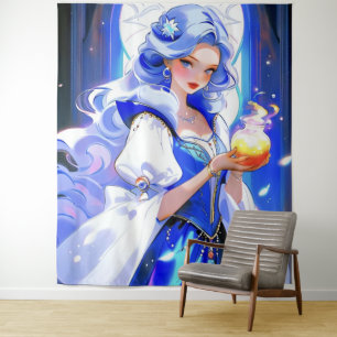 Blue Witch Holding Potion Halloween Wall Art Tapestry