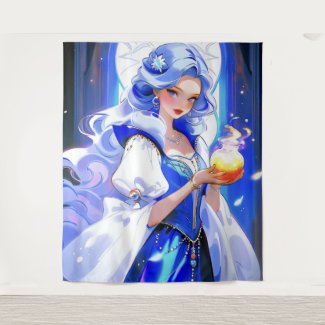 Blue Witch Holding Potion Halloween Wall Art Tapestry