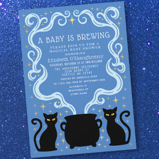 Blue Witchy Baby is Brewing Boy Baby Shower Invitation