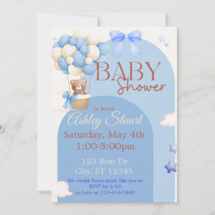 Blue with a Bear in a hot air balloon baby shower Invitation