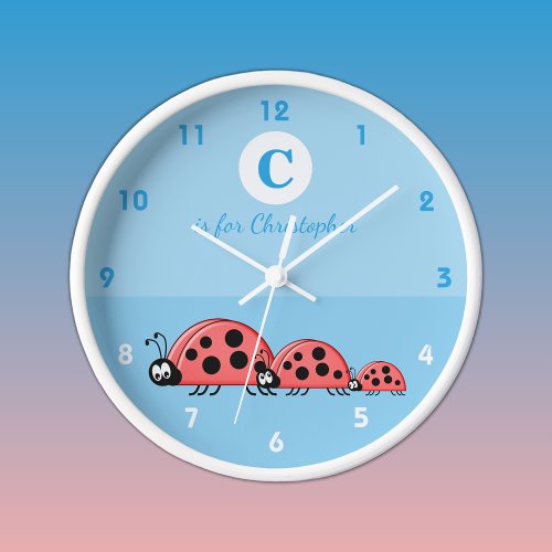 Blue with a cute ladybird family baby name clock