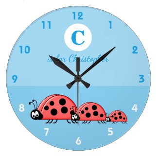 Blue with a cute ladybird family baby name large clock