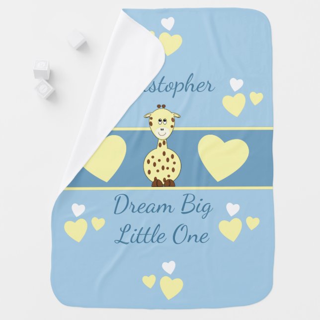 Blue with a giraffe and a name stroller blanket (In Situ)