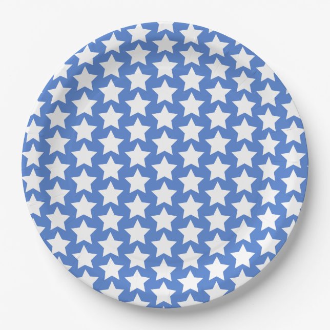 Blue with a White Stars Pattern Paper Plates (Front)
