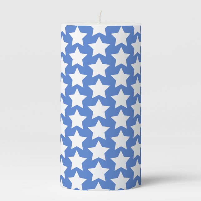 Blue with a White Stars Pattern  Pillar Candle (Front)