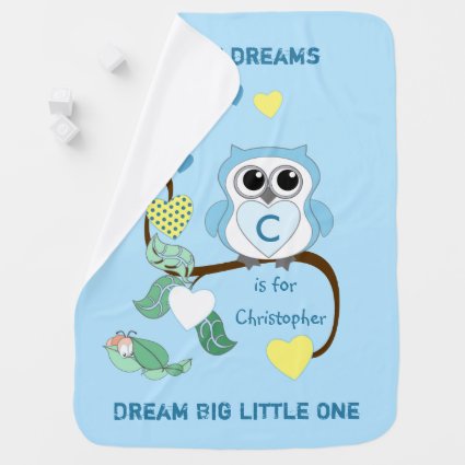 Blue with an owl caterpillar and a name swaddle blanket