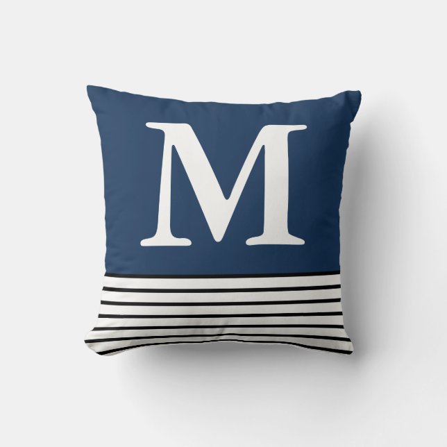 Blue With B/W Stripes Custom Monogrammed  Throw Pillow (Front)