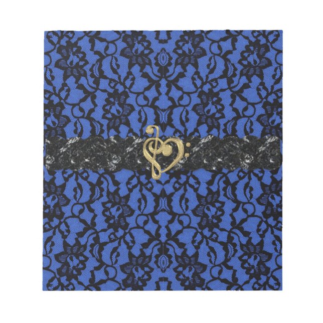 Blue with Black Lace and Gold Music Heart Notepad (Front)