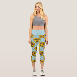 Blue With Bright Yellow Watercolor Sunflowers Capri Leggings