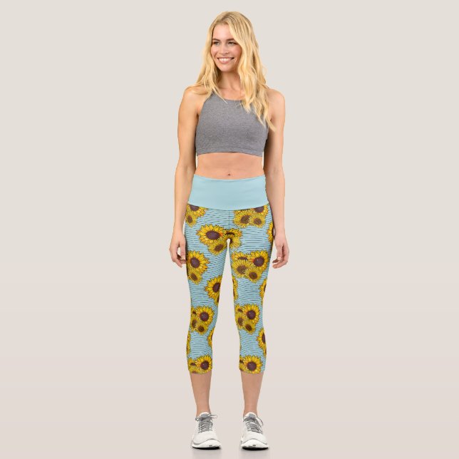 Blue With Bright Yellow Watercolor Sunflowers Capri Leggings (Front)