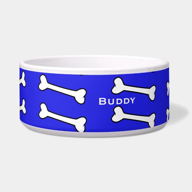 Blue with Cartoon Bones Custom Pet Bowl (Front)