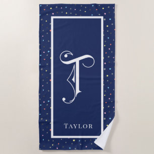 Blue with ColoredDots Decorative Scroll Monogram Beach Towel