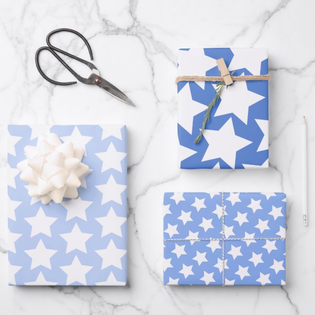 Blue with Fun, White Stars Pattern Wrapping Paper Sheets (Front)