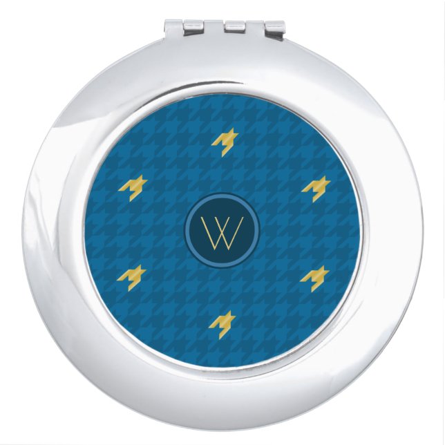 Blue with Gold Accent Houndstooth Compact Mirror (Front)