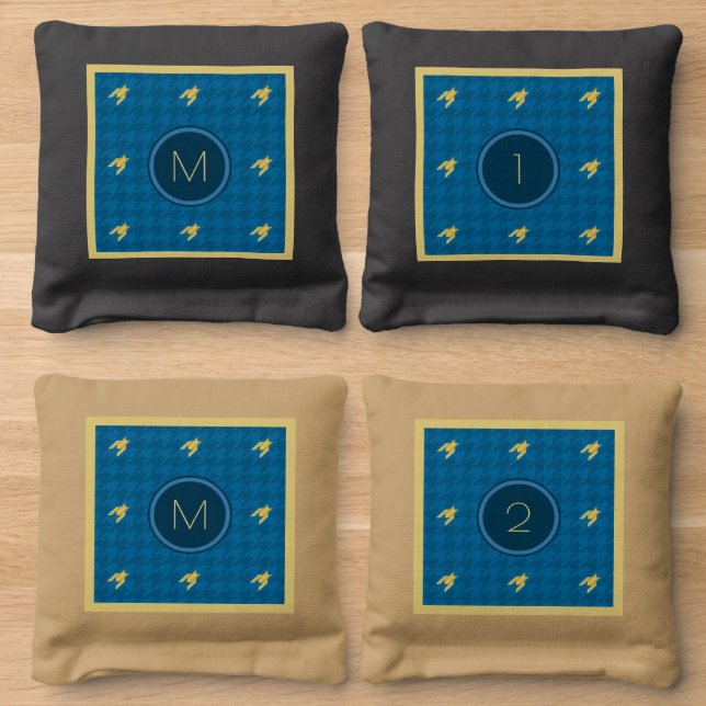 Blue with Gold Accent Houndstooth Cornhole Bags (Wood)