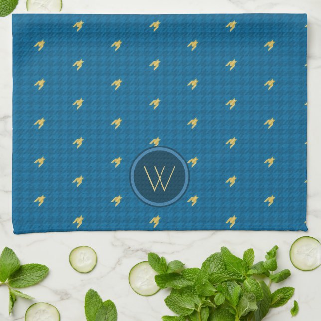 Blue with Gold Accent Houndstooth Kitchen Towel (Folded)