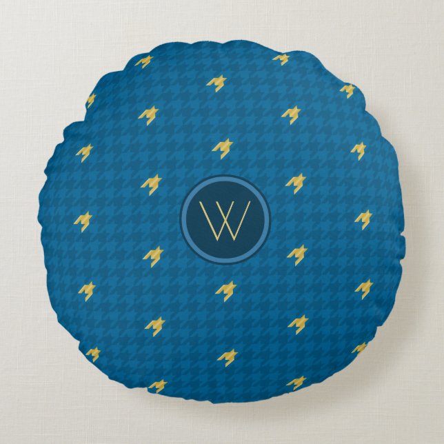 Blue with Gold Accent Houndstooth Round Pillow (Front)