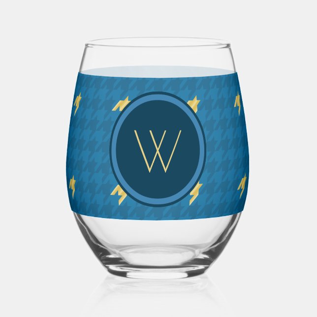 Blue with Gold Accent Houndstooth Stemless Wine Glass (Front)